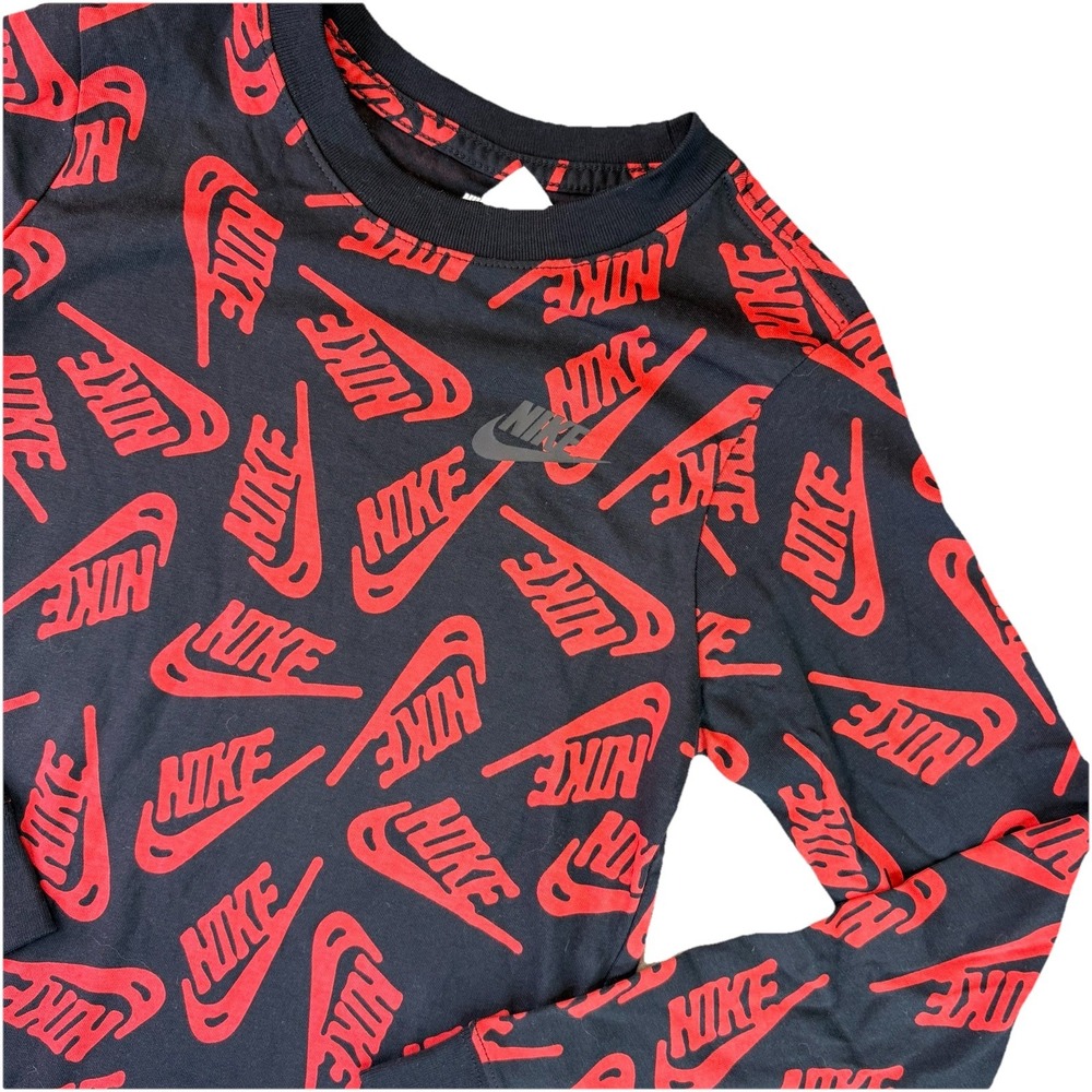 The Nike Tee Long Sleeve Shirt Kids Small (S) Logo Black & Red Swoosh
